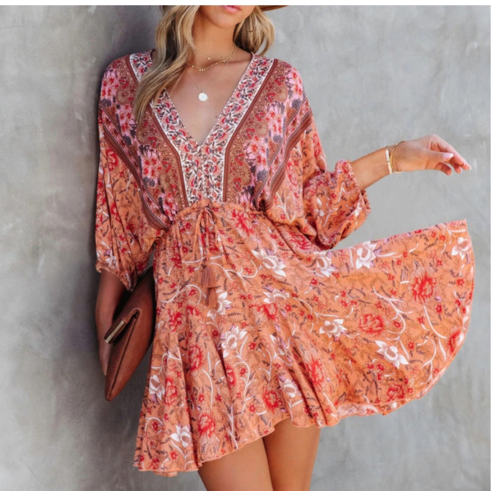 R. Vivimos Boho Floral Mini Dress V-Neck Tie Front Flounce Hem Peasant Size S